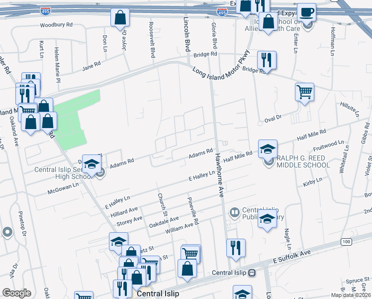 map of restaurants, bars, coffee shops, grocery stores, and more near 55 Adams Road in Central Islip