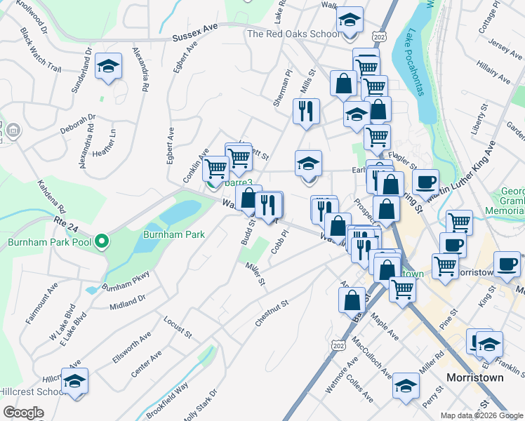 map of restaurants, bars, coffee shops, grocery stores, and more near 137 Washington Street in Morristown