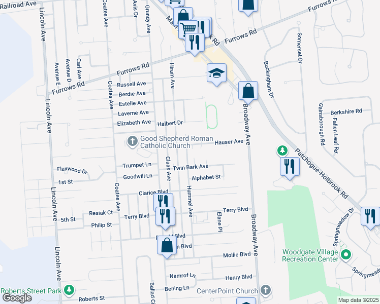 map of restaurants, bars, coffee shops, grocery stores, and more near 1471 Hummel Avenue in Holbrook