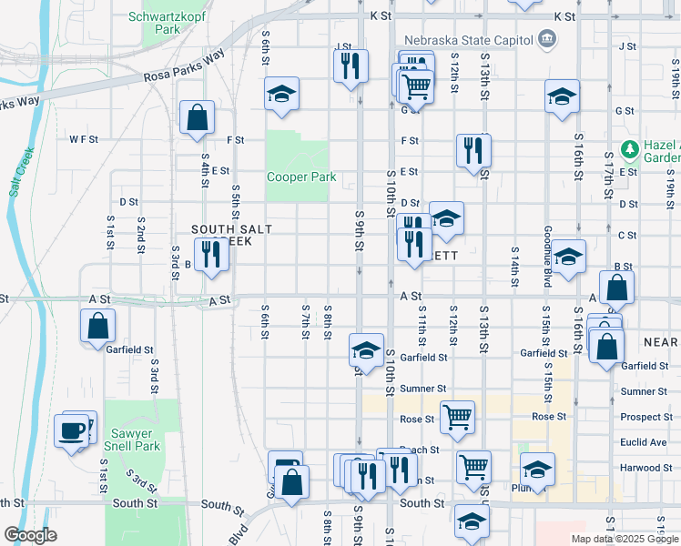 map of restaurants, bars, coffee shops, grocery stores, and more near 823 B Street in Lincoln
