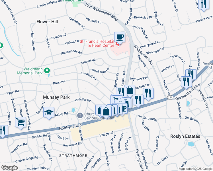 map of restaurants, bars, coffee shops, grocery stores, and more near 293 Trumbull Road in Manhasset