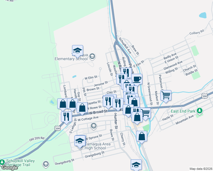 map of restaurants, bars, coffee shops, grocery stores, and more near 301 North Nescopec Street in Tamaqua