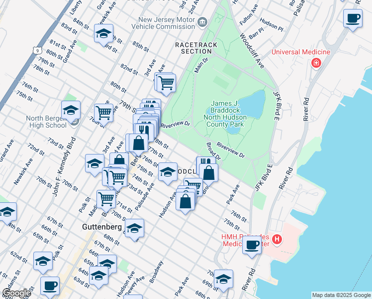 map of restaurants, bars, coffee shops, grocery stores, and more near 325 79th Street in North Bergen