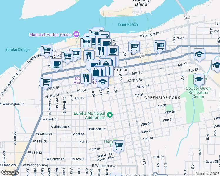map of restaurants, bars, coffee shops, grocery stores, and more near 518 7th Street in Eureka