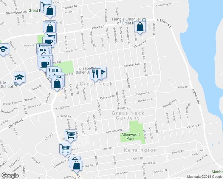 map of restaurants, bars, coffee shops, grocery stores, and more near 53 Devon Road in Great Neck