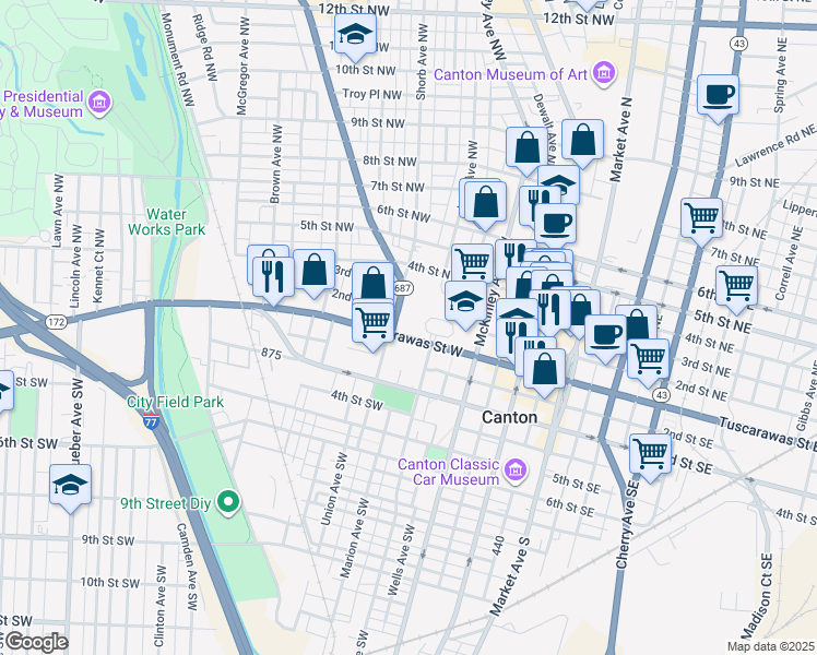 map of restaurants, bars, coffee shops, grocery stores, and more near 6 Fulton Road Northwest in Canton