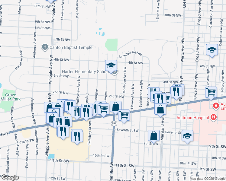map of restaurants, bars, coffee shops, grocery stores, and more near 221 Raff Road Northwest in Canton
