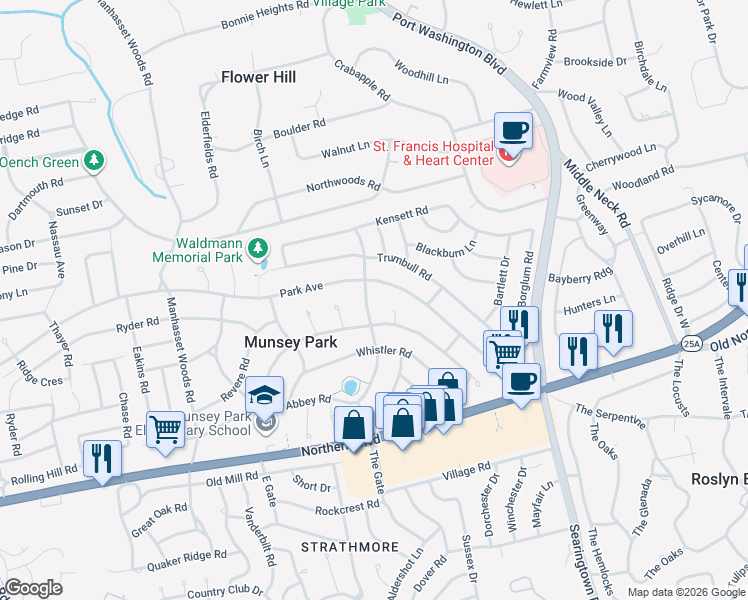 map of restaurants, bars, coffee shops, grocery stores, and more near 406 Abbey Road in Manhasset