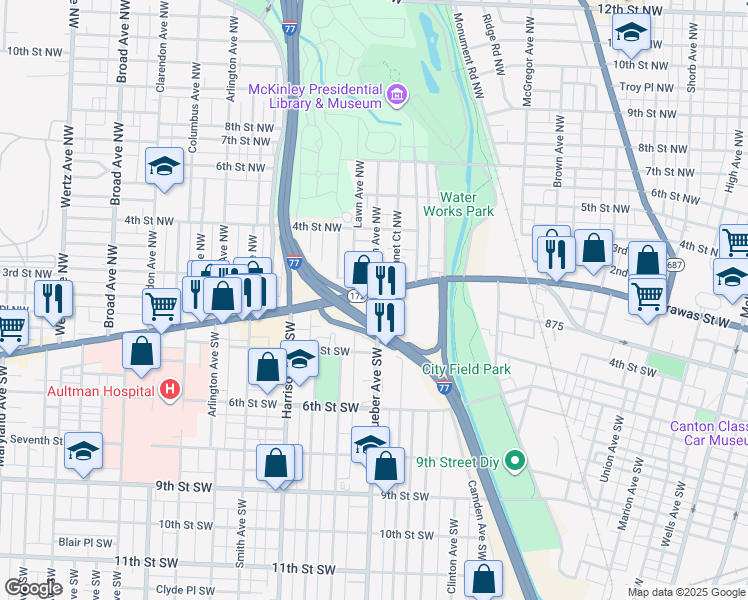 map of restaurants, bars, coffee shops, grocery stores, and more near 1914 Tuscarawas Street West in Canton