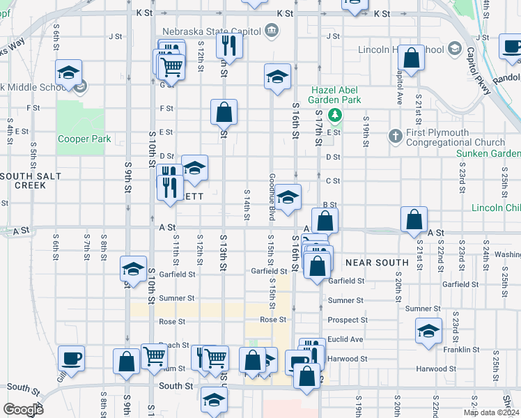 map of restaurants, bars, coffee shops, grocery stores, and more near 1427 B Street in Lincoln