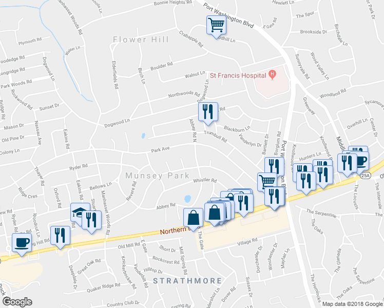 map of restaurants, bars, coffee shops, grocery stores, and more near 406 Abbey Road in Manhasset