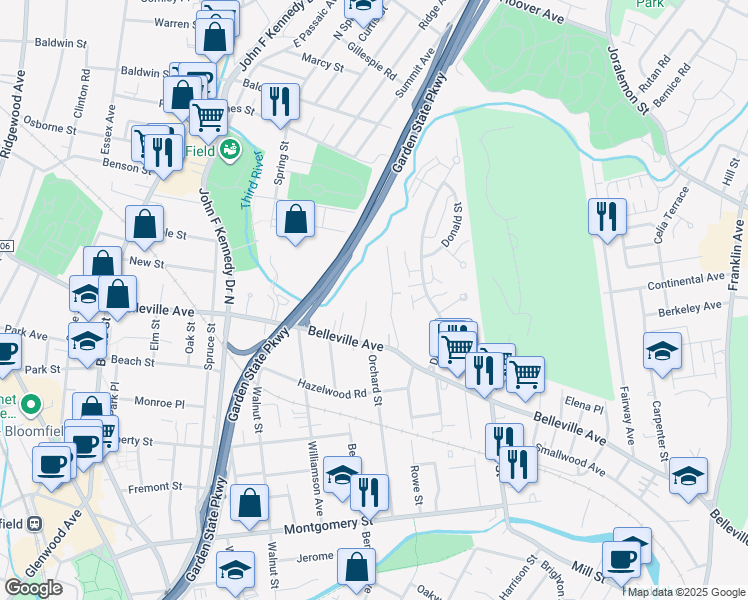 map of restaurants, bars, coffee shops, grocery stores, and more near 36 Forest Drive in Bloomfield