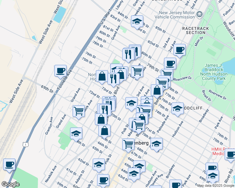 map of restaurants, bars, coffee shops, grocery stores, and more near 7231 John F. Kennedy Boulevard in North Bergen