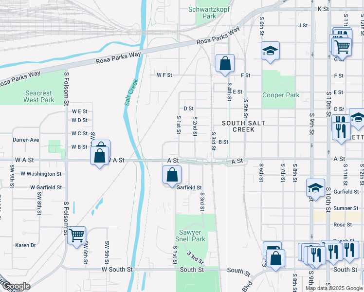 map of restaurants, bars, coffee shops, grocery stores, and more near 101 B Street in Lincoln