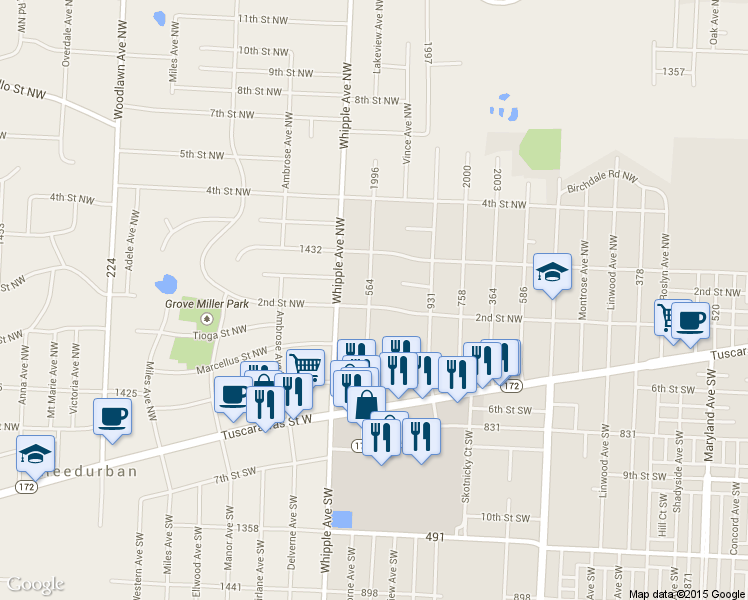 map of restaurants, bars, coffee shops, grocery stores, and more near 206 Grandview Avenue Northwest in Canton