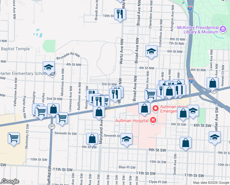 map of restaurants, bars, coffee shops, grocery stores, and more near 195 Wertz Avenue Northwest in Canton