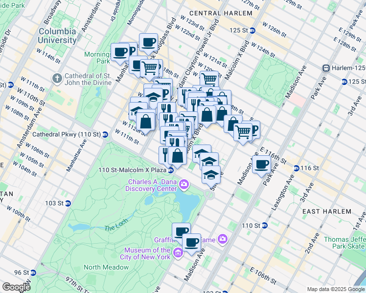 map of restaurants, bars, coffee shops, grocery stores, and more near 55 Malcolm X Boulevard in New York