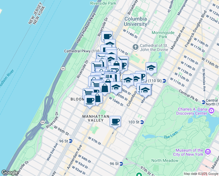 map of restaurants, bars, coffee shops, grocery stores, and more near 920 Amsterdam Avenue in New York