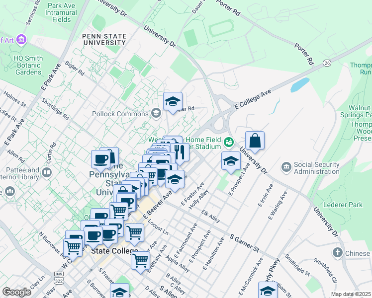map of restaurants, bars, coffee shops, grocery stores, and more near in State College