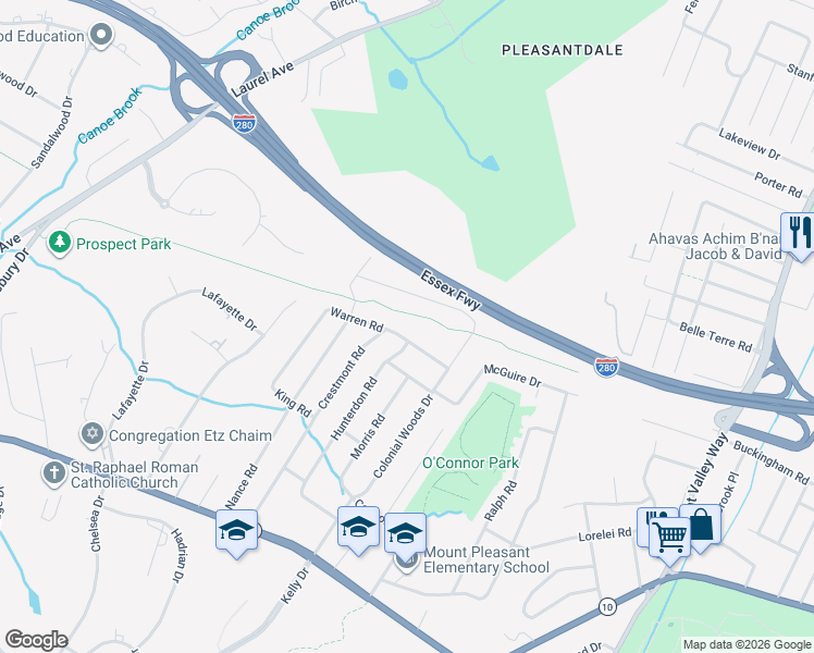 map of restaurants, bars, coffee shops, grocery stores, and more near 90 Warren Road in West Orange