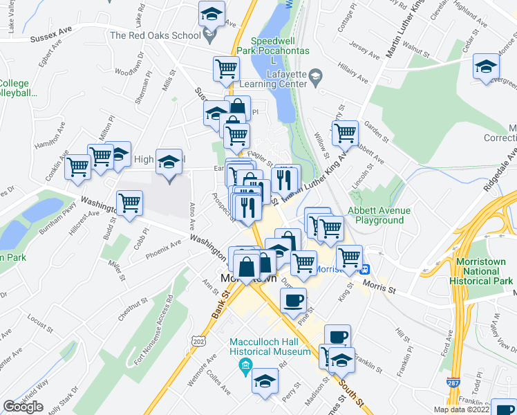 map of restaurants, bars, coffee shops, grocery stores, and more near in Morristown