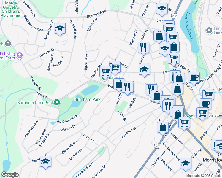 map of restaurants, bars, coffee shops, grocery stores, and more near 150 Washington Street in Morristown