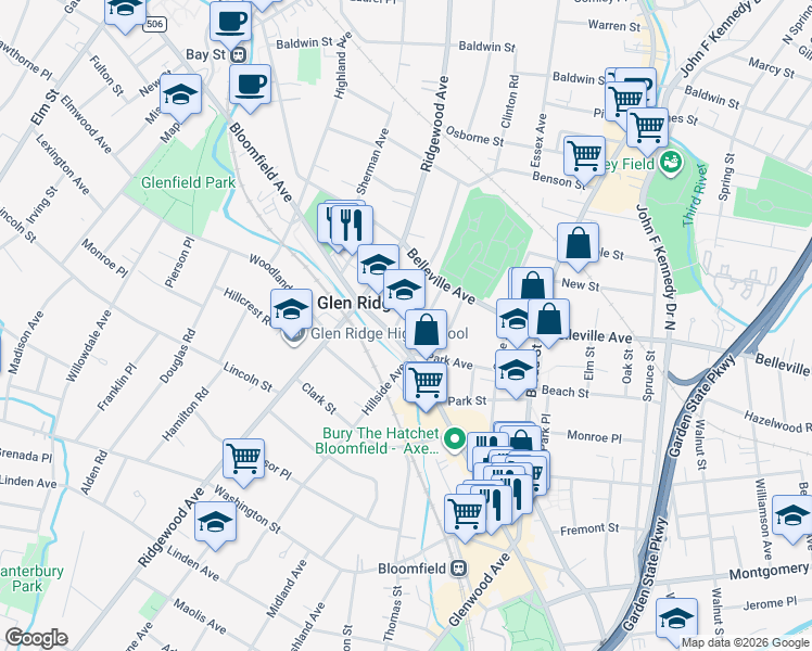 map of restaurants, bars, coffee shops, grocery stores, and more near 180 Hillside Avenue in Glen Ridge