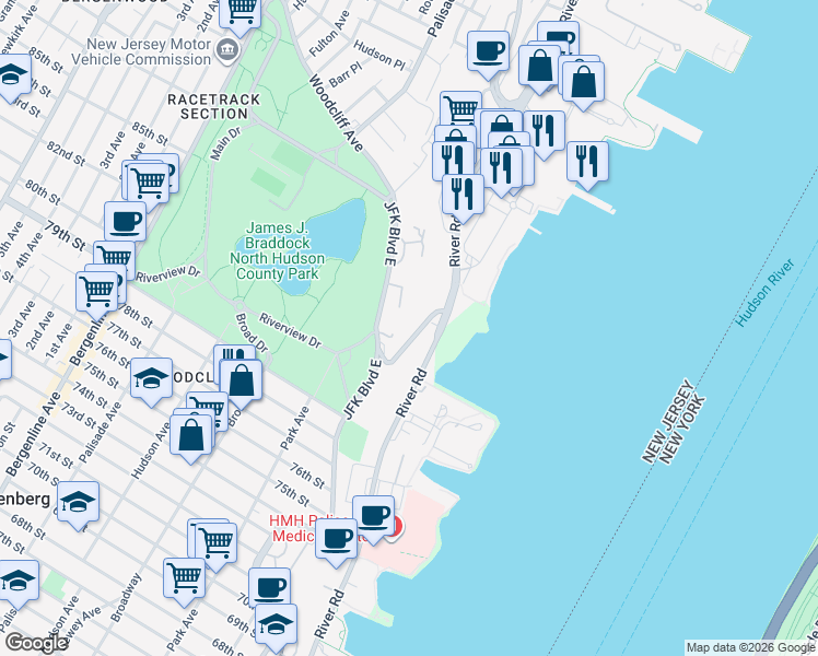 map of restaurants, bars, coffee shops, grocery stores, and more near 8401 River Road in North Bergen