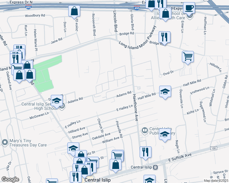 map of restaurants, bars, coffee shops, grocery stores, and more near 59 Adams Road in Central Islip