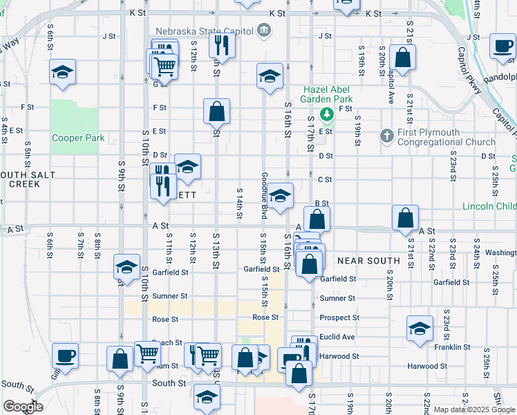 map of restaurants, bars, coffee shops, grocery stores, and more near 1441 B Street in Lincoln