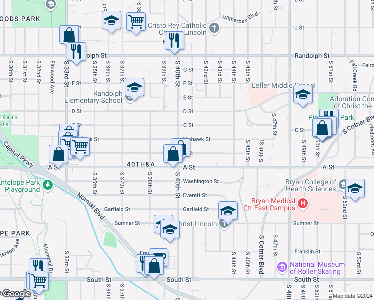 map of restaurants, bars, coffee shops, grocery stores, and more near 4010 B Street in Lincoln