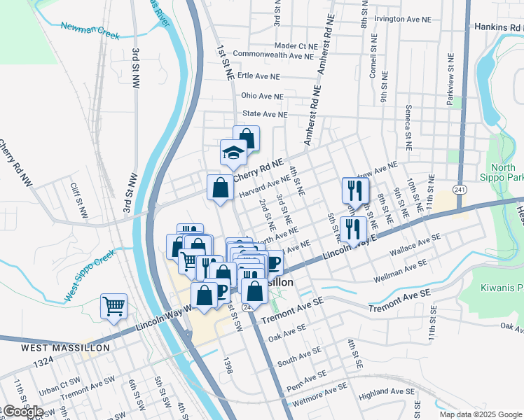 map of restaurants, bars, coffee shops, grocery stores, and more near 323 2nd Street Northeast in Massillon