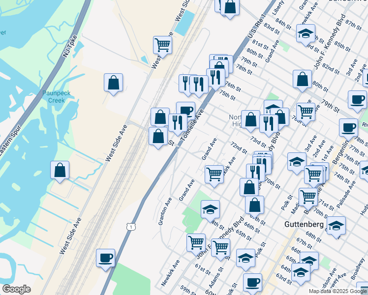 map of restaurants, bars, coffee shops, grocery stores, and more near 1706 69th Street in North Bergen