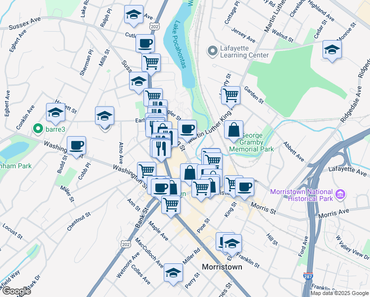 map of restaurants, bars, coffee shops, grocery stores, and more near 75 Spring Street in Morristown