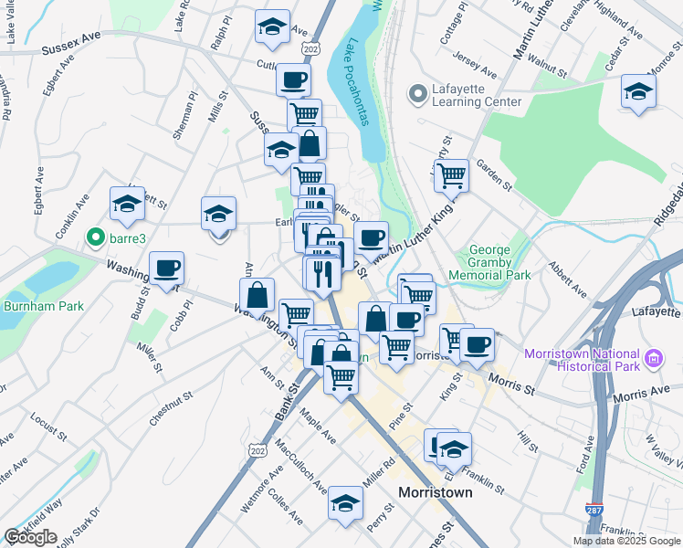 map of restaurants, bars, coffee shops, grocery stores, and more near in Morristown