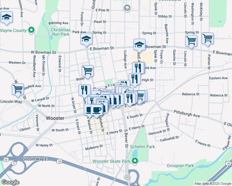 map of restaurants, bars, coffee shops, grocery stores, and more near 210 North Bever Street in Wooster