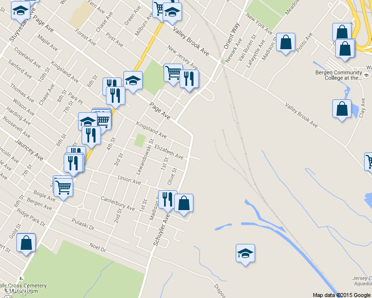 map of restaurants, bars, coffee shops, grocery stores, and more near 601 Schuyler Avenue in Lyndhurst