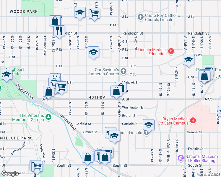 map of restaurants, bars, coffee shops, grocery stores, and more near 3850 B Street in Lincoln