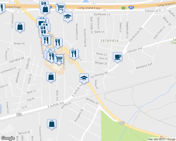 map of restaurants, bars, coffee shops, grocery stores, and more near 11 Elm Pl in Islandia