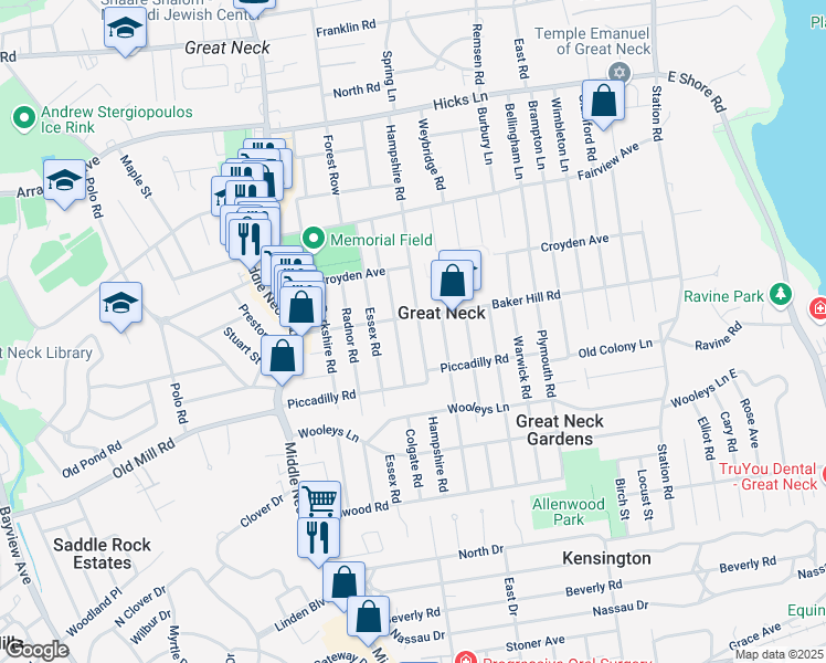 map of restaurants, bars, coffee shops, grocery stores, and more near 54 Hampshire Road in Great Neck