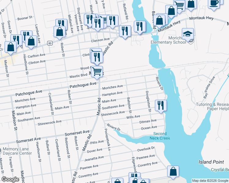 map of restaurants, bars, coffee shops, grocery stores, and more near 169 Hampton Avenue in Mastic