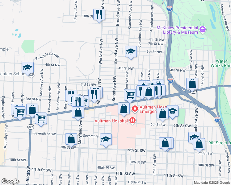 map of restaurants, bars, coffee shops, grocery stores, and more near 2704 2nd Street Northwest in Canton