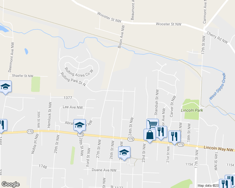 map of restaurants, bars, coffee shops, grocery stores, and more near 2521 Meadows Avenue Northwest in Massillon