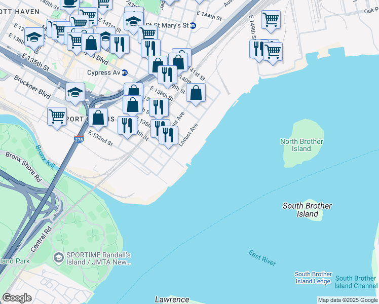 map of restaurants, bars, coffee shops, grocery stores, and more near 164 Locust Avenue in The Bronx