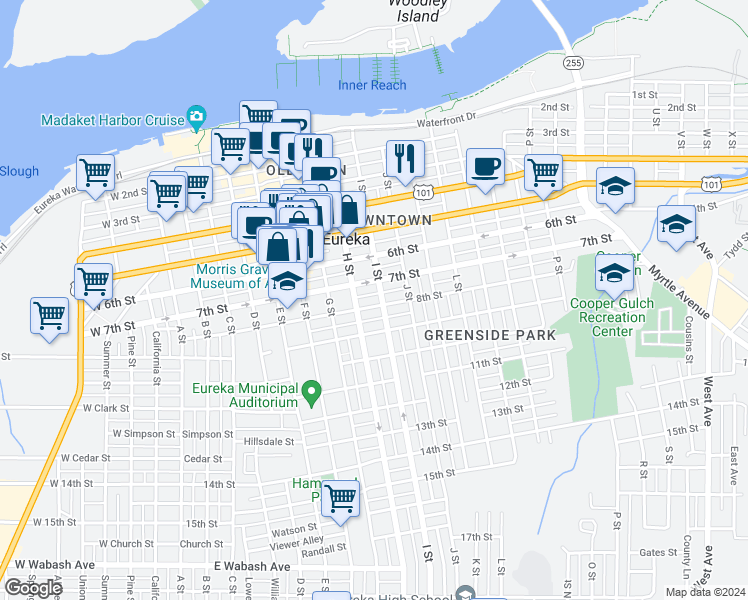 map of restaurants, bars, coffee shops, grocery stores, and more near 730 I Street in Eureka