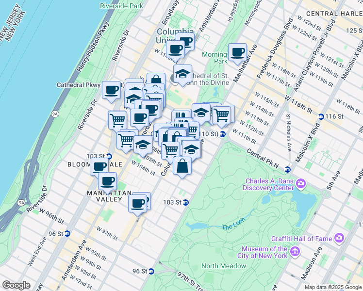 map of restaurants, bars, coffee shops, grocery stores, and more near 965 Columbus Avenue in New York