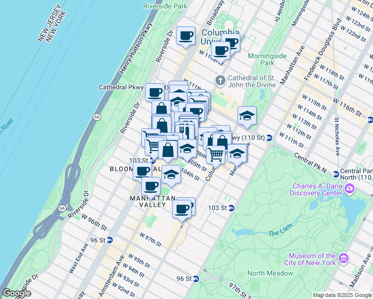 map of restaurants, bars, coffee shops, grocery stores, and more near 947 Amsterdam Avenue in New York