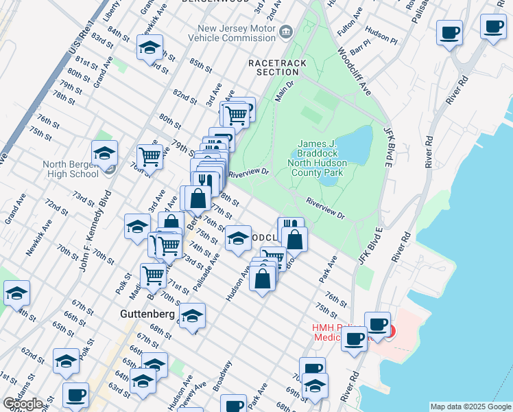 map of restaurants, bars, coffee shops, grocery stores, and more near 325 79th Street in North Bergen