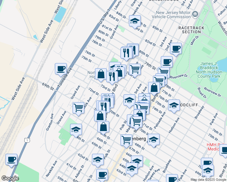 map of restaurants, bars, coffee shops, grocery stores, and more near 7231 John F. Kennedy Boulevard in North Bergen