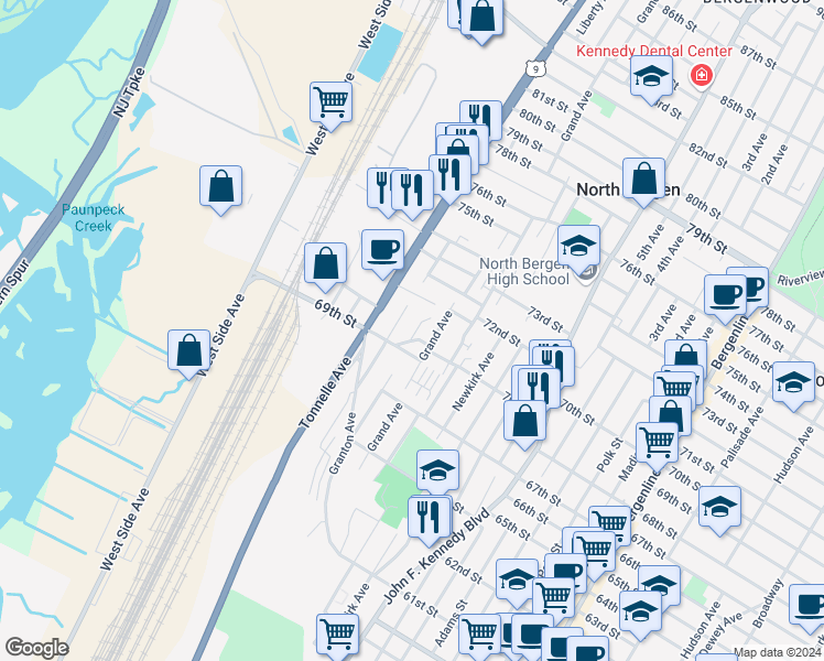 map of restaurants, bars, coffee shops, grocery stores, and more near 7015 Columbia Avenue in North Bergen